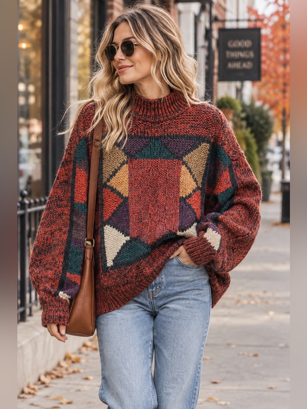 Vintage International Index Geometric Oversized Sweater Size S 90s Retro